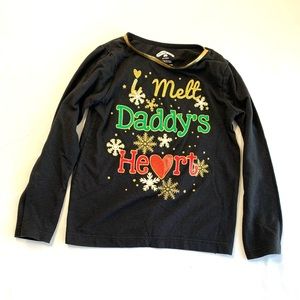 Girls 4T long sleeve black shirt “I melt Daddy’s heart” glitter font snowflakes